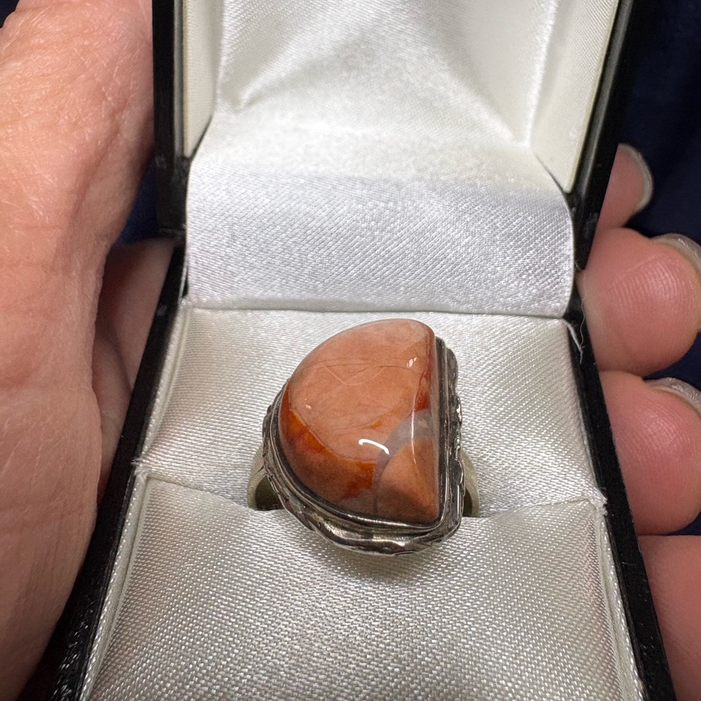 Ring Chalcedony Agate 925 Sterling Silver Half Moon Orange